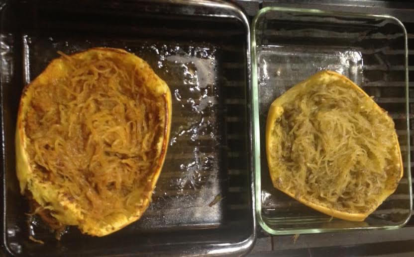 two halves of baked spaghetti squash in baking dishes, showing differrent ingredients.